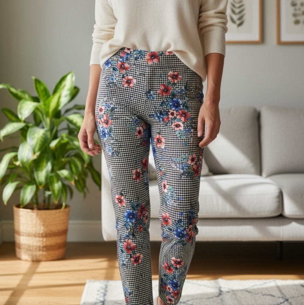 Jules & Leopold - Black & White Checkered Pull On Pants W/Floral Print , Size SP